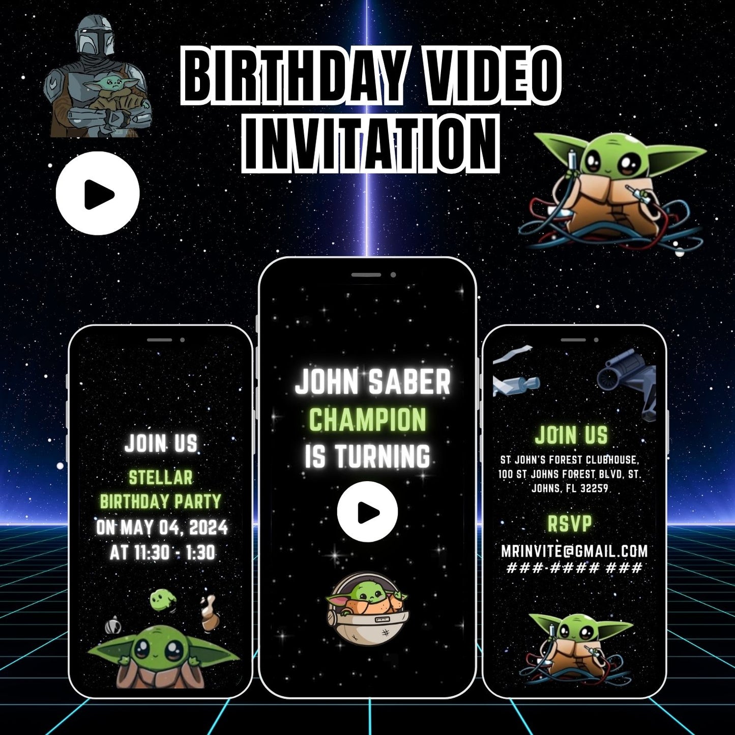 Baby Yoda Birthday Video Invitation Custom Birthday Party Video Invite