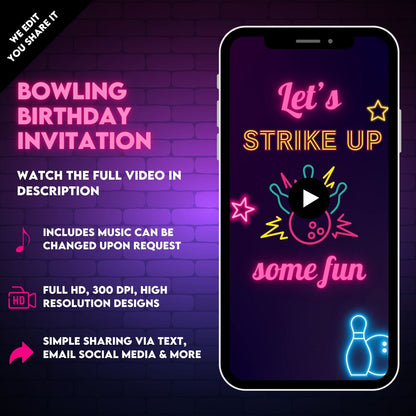 Animated Bowling Birthday Video Invitations | Custom Bowling Party Inite