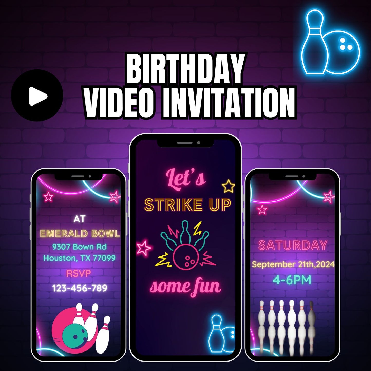 Animated Bowling Birthday Video Invitations | Custom Bowling Party Inite