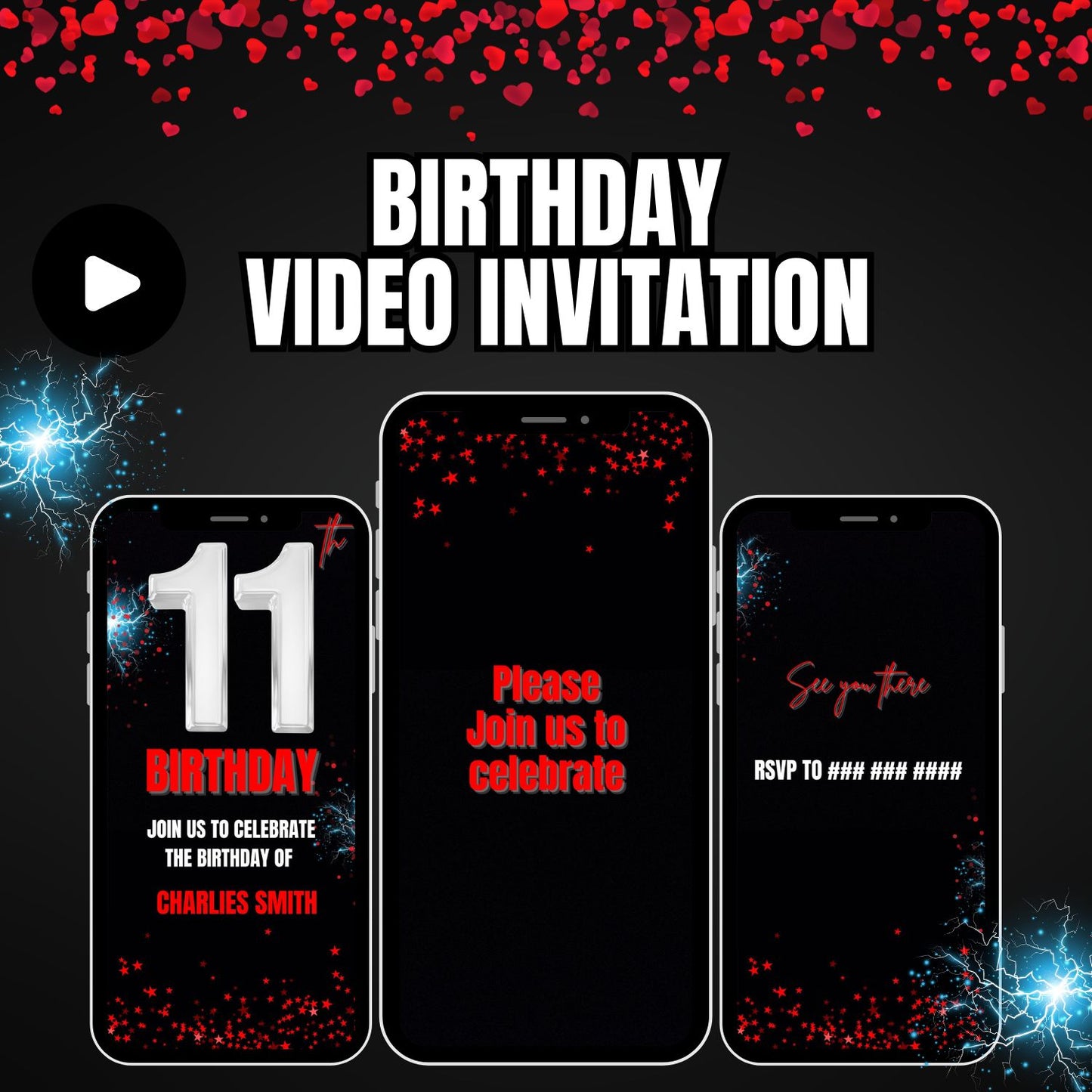 Silver Red 12th Birthday Video Invitation | 12 Year Old Birthday Video Invite