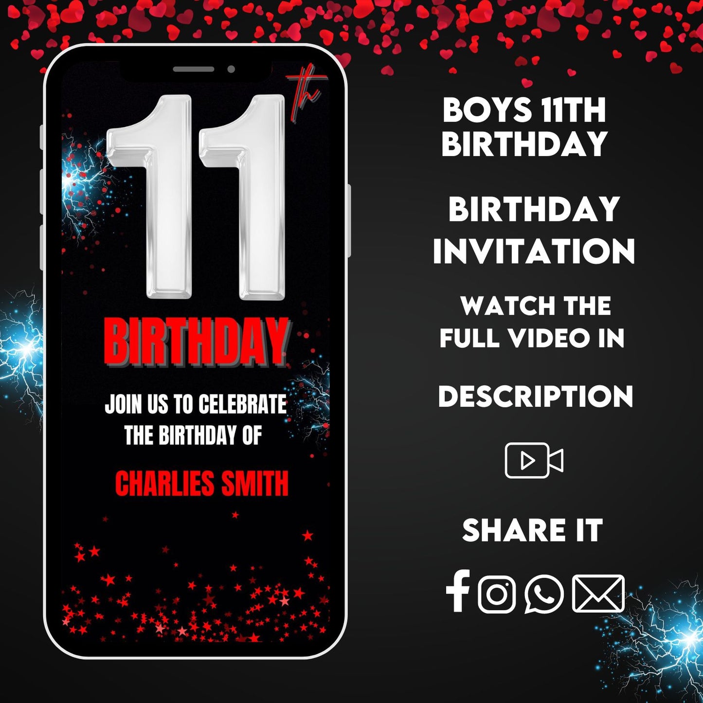 Silver Red 13th Birthday Video Invitation | 13 Year Old Birthday Video Invite