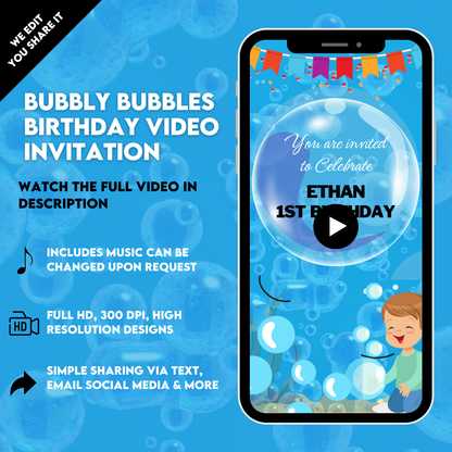 Bubbly Bubbles Birthday Video Invitation | Digital Video Invitation