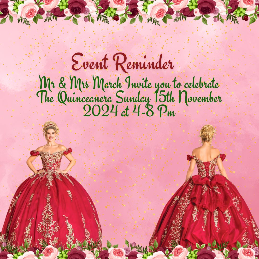 Burgundy Floral & Gold Quinceanera Theme Reminder Card