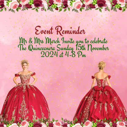 Burgundy Floral & Gold Quinceanera Theme Reminder Card