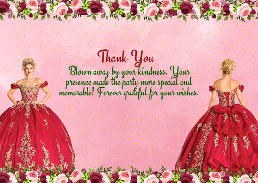 Burgundy Floral & Gold Quinceanera Theme Thank You Card