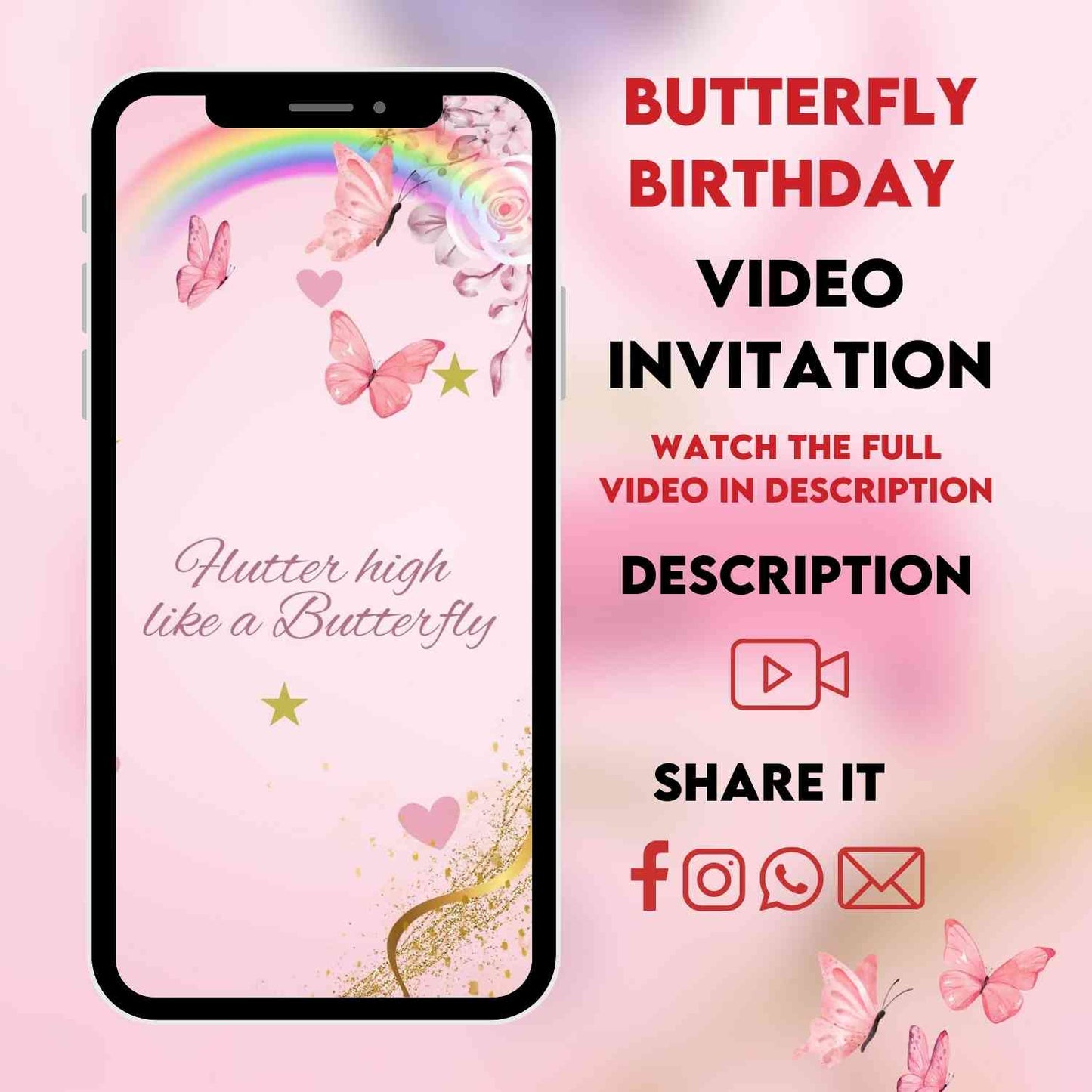 Butterfly Birthday Video Invitation - Girl's Pink Butterfly Birthday Invitation