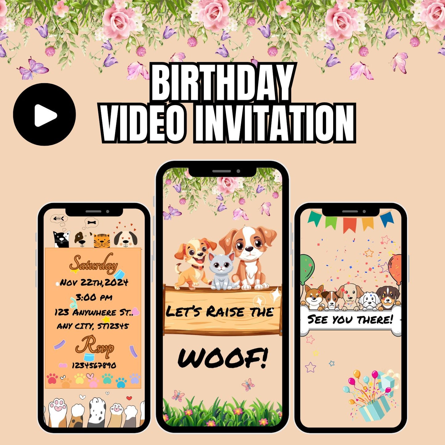 Cat and Dog Birthday Video Invitation | Peronalized Cat and Dog Invite