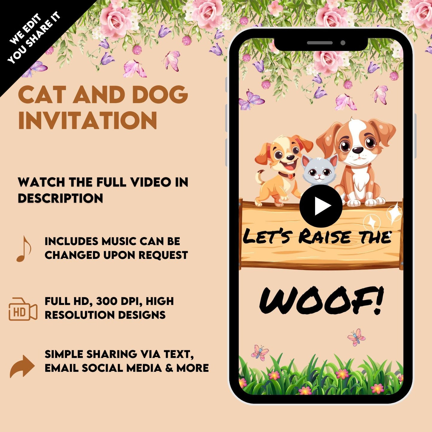 Cat and Dog Birthday Video Invitation | Peronalized Cat and Dog Invite