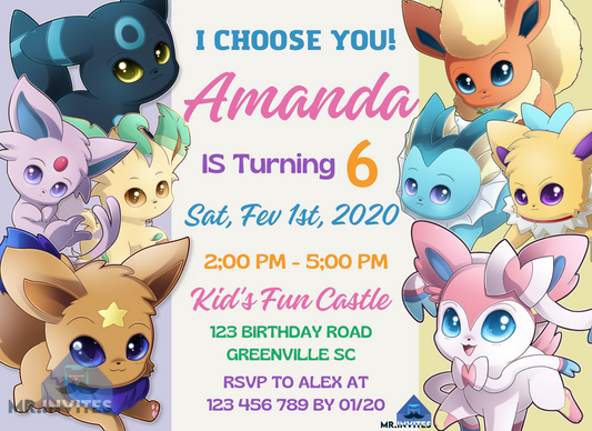 Chibi Eevee Birthday Party Invitation | Cute Pokémon Birthday Theme