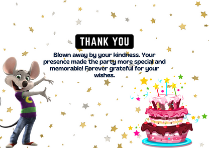 Chuck E Cheese Birthday Party Thank You Card