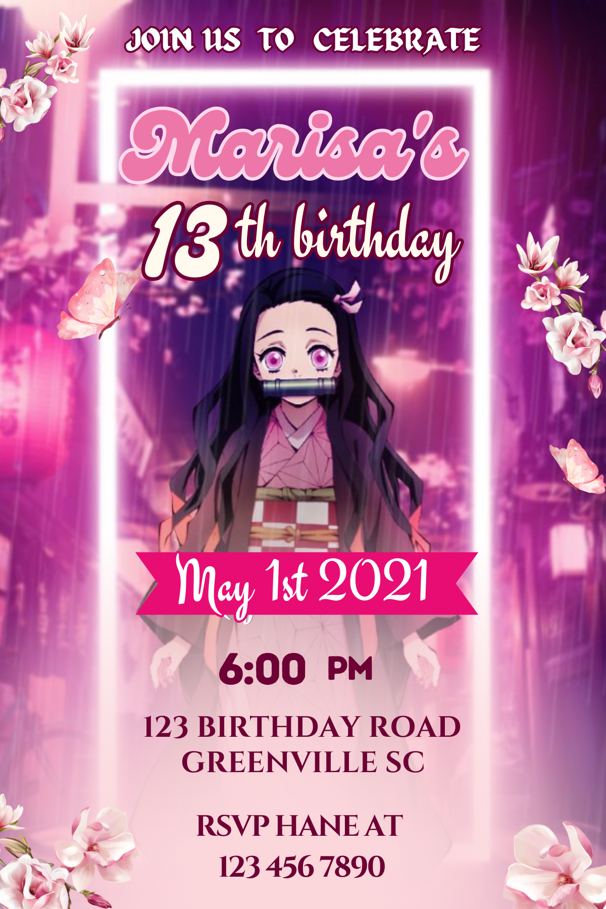 Digital Nezuko-inspired Birthday Card Invitations | Demon Slayer Theme ...