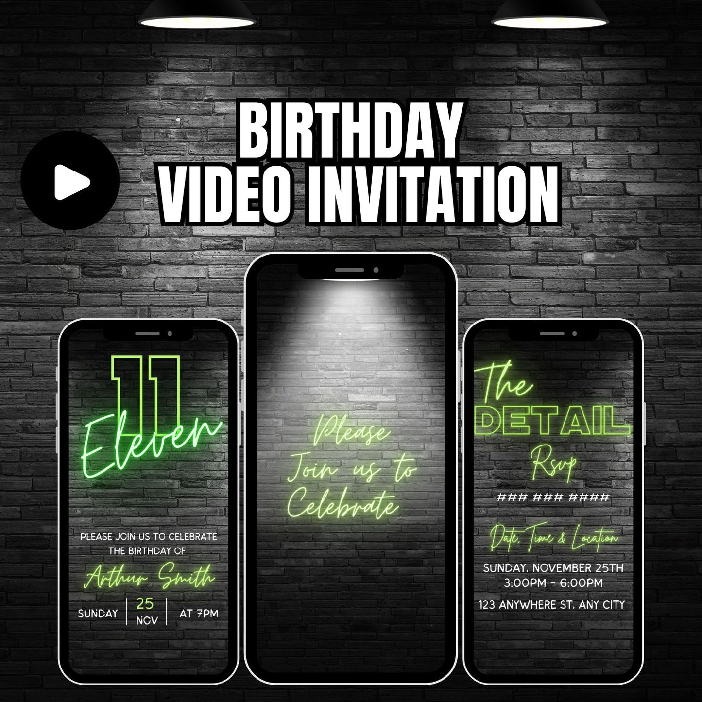 11th Birthday Video Invitation | Green Neon Eleventh Animated Invite