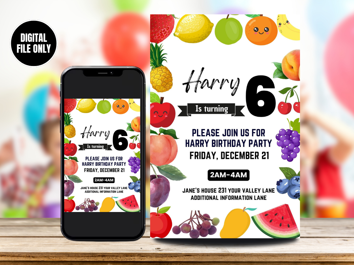 Digital Bear Sensory Birthday Invitation | Fruits Party Invite