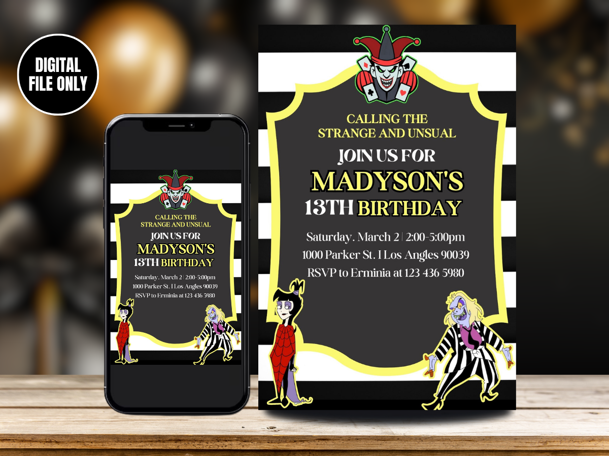 Digital Beetlejuice Birthday Card Invitation - Halloween Digital Party Invite