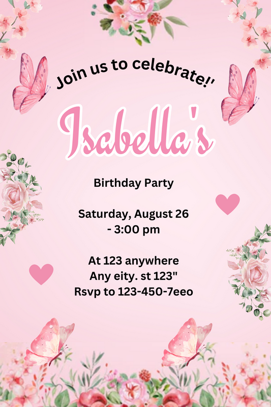 Digital Butterfly Birthday Card Invitation - Girl's Pink Butterfly Birthday Invitation