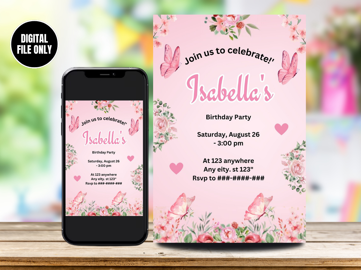 Digital Butterfly Birthday Card Invitation - Girl's Pink Butterfly Birthday Invitation