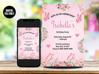 Digital Butterfly Birthday Card Invitation - Girl's Pink Butterfly Birthday Invitation