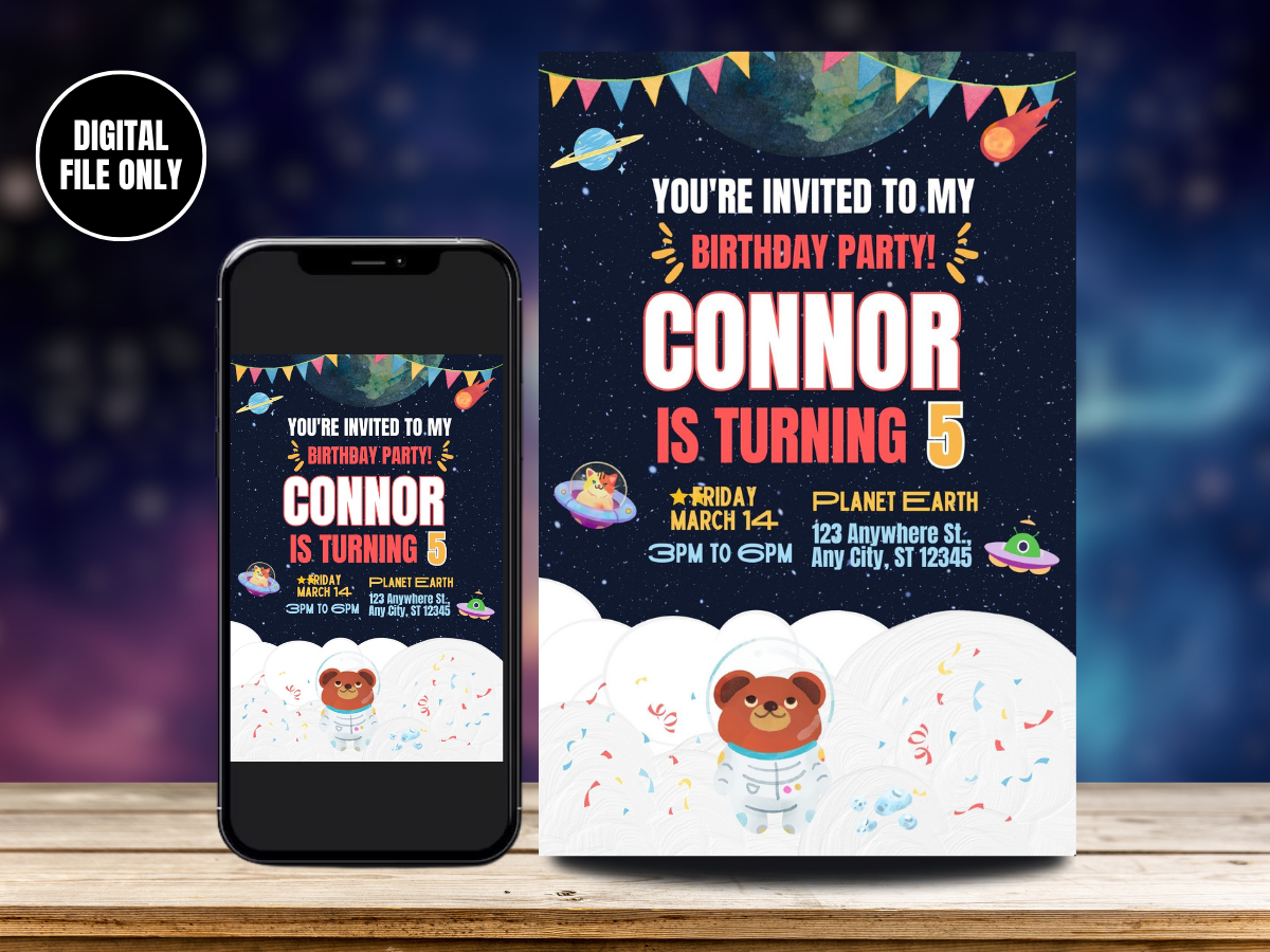 Digital Cute Space Birthday Card Invitation For Kids | Space Birthday Invitation Template