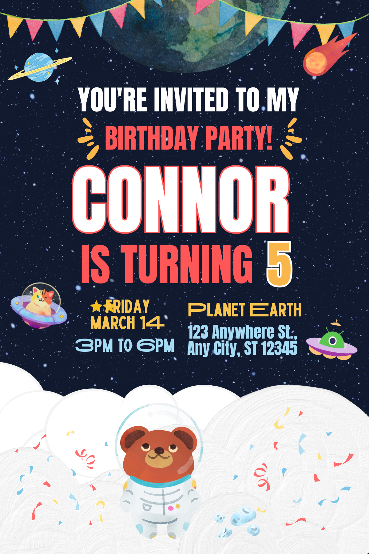 Digital Cute Space Birthday Card Invitation For Kids | Space Birthday Invitation Template