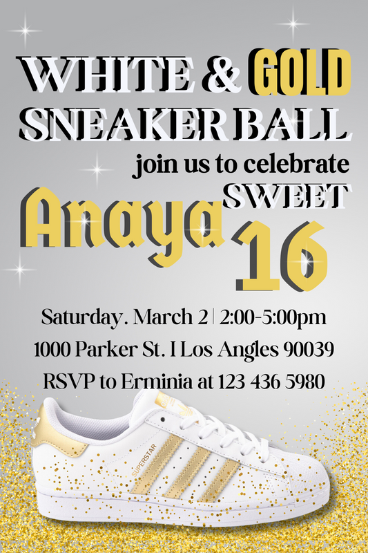 Digital Gold Sneaker Ball Birthday Card Invitation | Glamorous Gold Sneaker Ball Invite