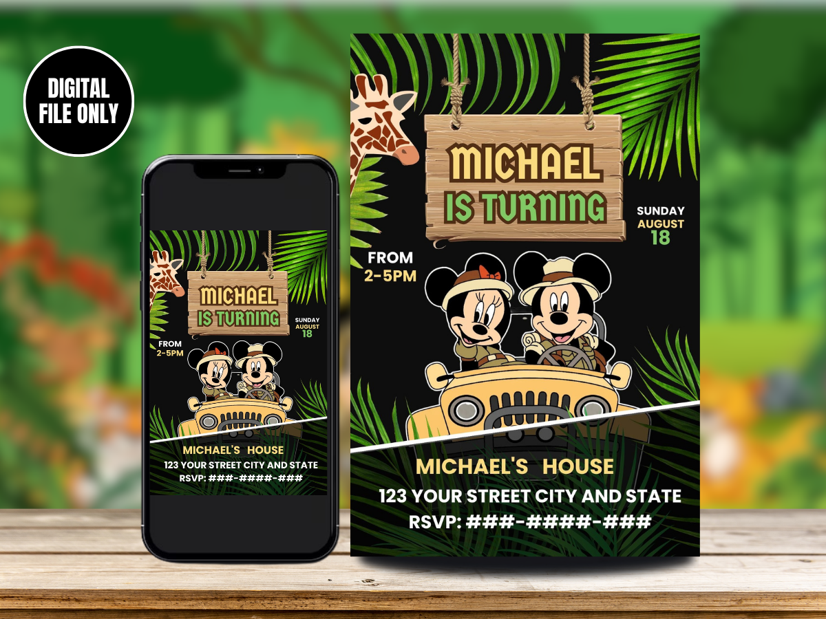 Digital Mickey Safari Birthday Invitation | Mickey Safari Birthday Card invite