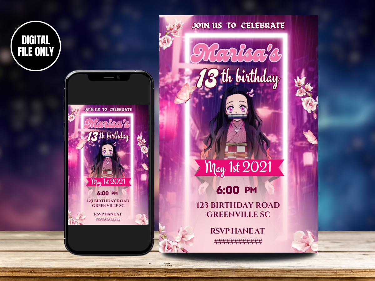 Digital Nezuko-inspired Birthday Card Invitations | Demon Slayer Themed Party