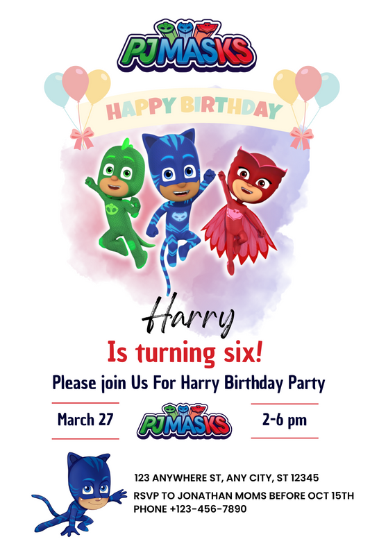 Digital PJ Mask Birthday Invitations | Custom PJ mask Birthday Invite