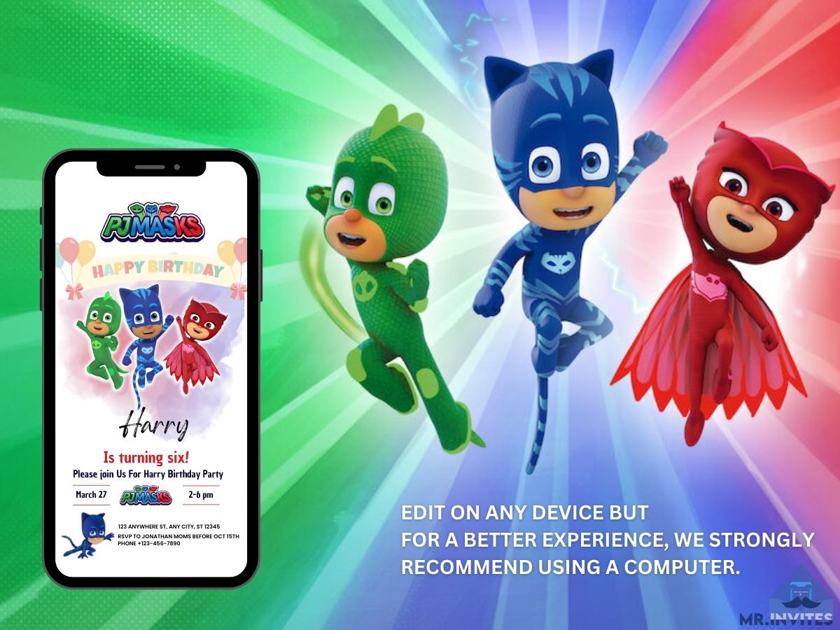 Digital PJ Mask Birthday Invitations Custom PJ mask Birthday Invite Mr.Invites