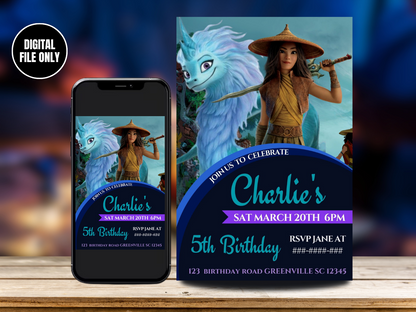 Digital Raya and the Last Dragon Birthday Invitation in English | Customize and Personalize