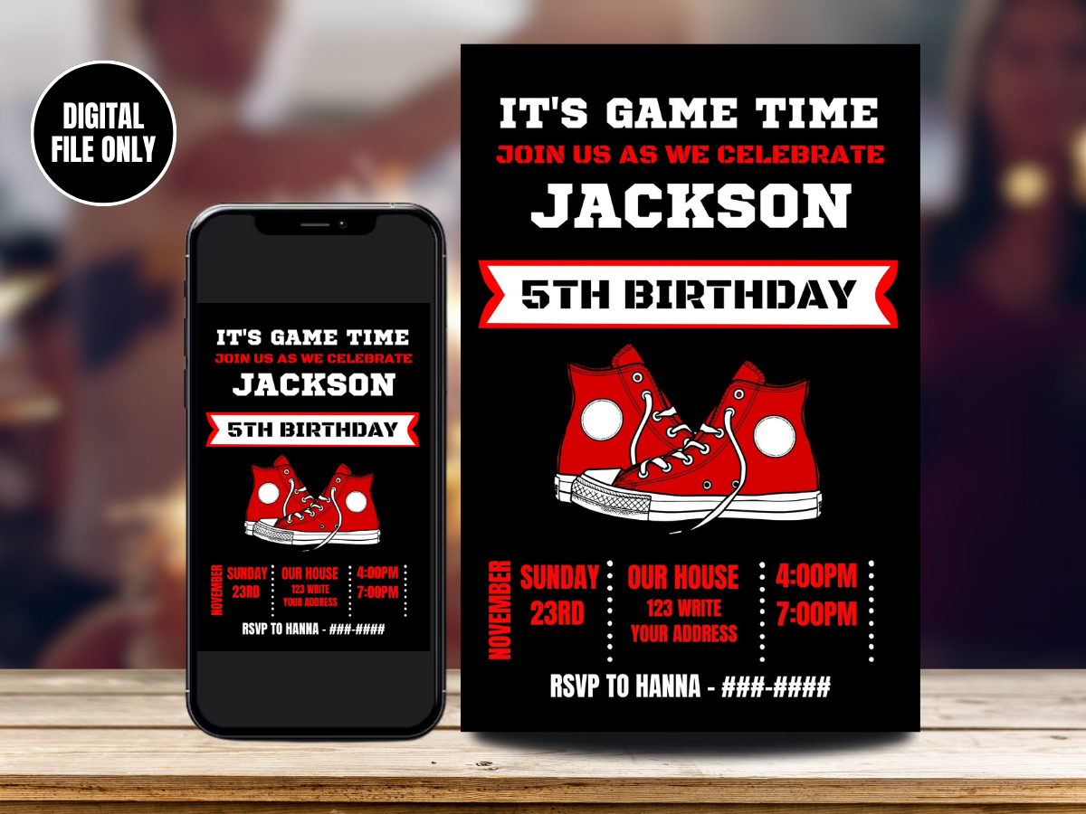 Digital Red Sneaker Ball Birthday Card Invitation | Digital Birthday Party invite