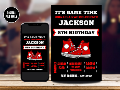 Digital Red Sneaker Ball Birthday Card Invitation | Digital Birthday Party invite