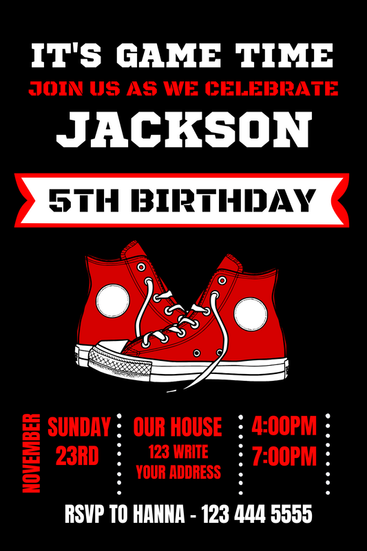 Digital Red Sneaker Ball Birthday Card Invitation | Digital Birthday Party invite