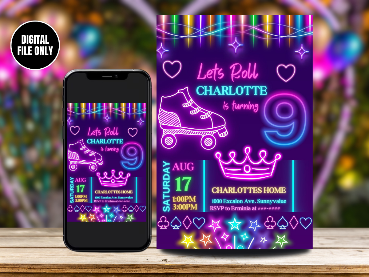 Digital Roller Skating Neon Glow Birthday Card Invitation | Roller Skating Birthday Invite