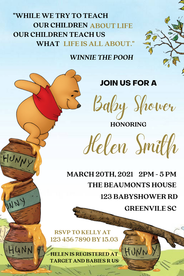 Digital Winnie the Pooh Baby Shower Birthday Invitation | Personalized ...