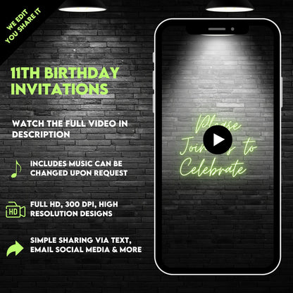 13th Birthday Video Invitation | Green Neon 13th Animated Invite