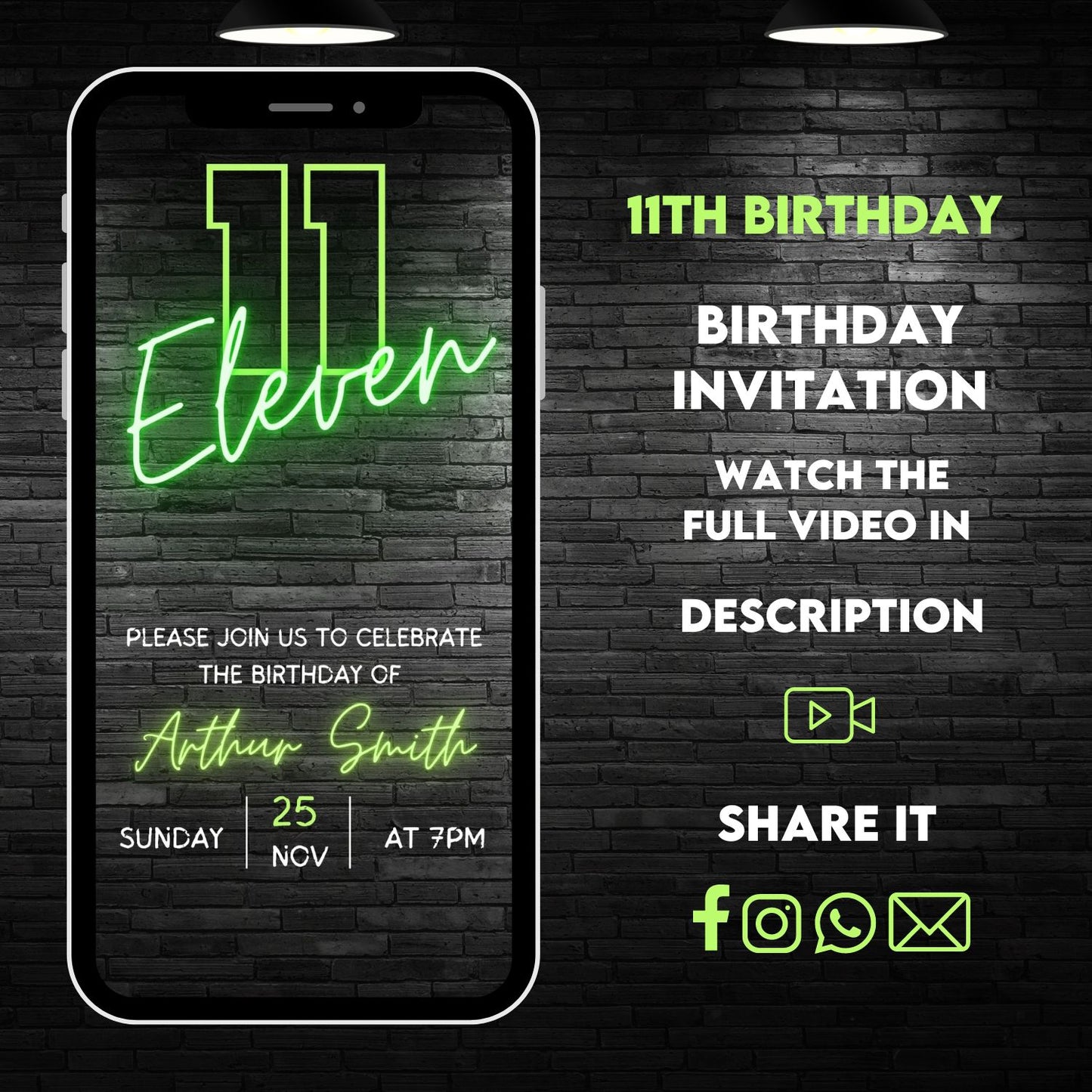 13th Birthday Video Invitation | Green Neon 13th Animated Invite