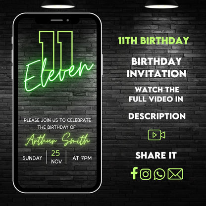 12th Birthday Video Invitation | Green Neon 12th Animated Invite