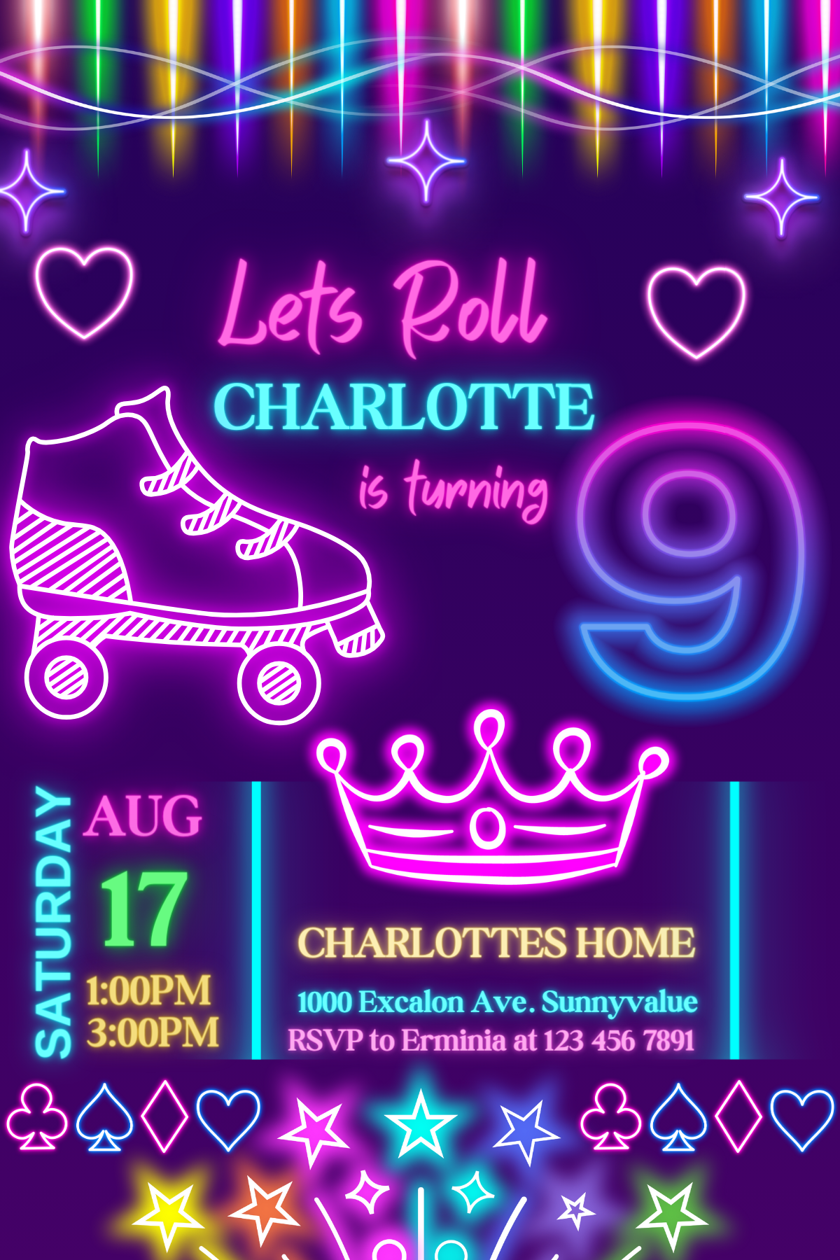 Digital Roller Skating Neon Glow Birthday Card Invitation | Roller Skating Birthday Invite