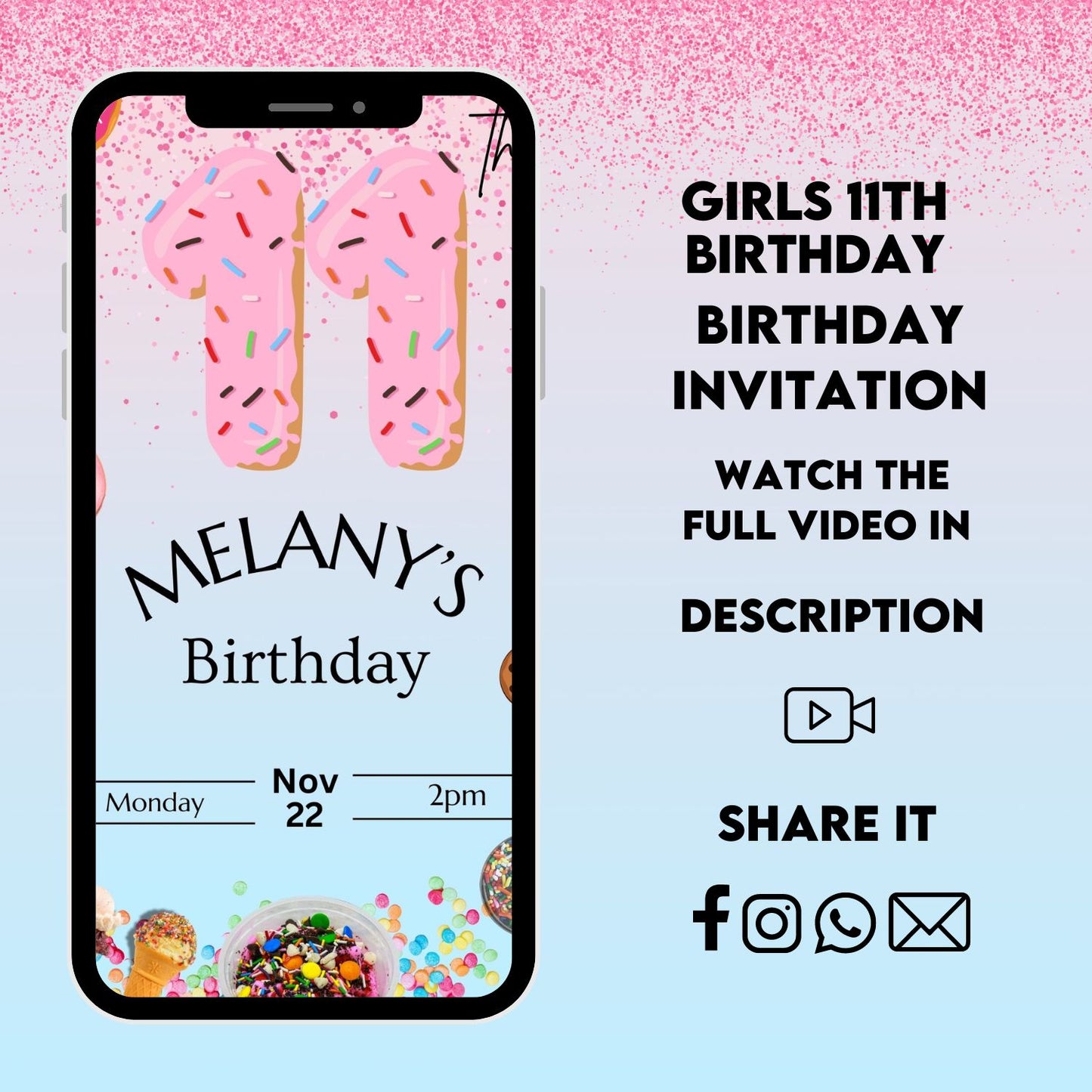 Donut Number Pink 12th Birthday Video Invitation | Animated Kids Boys and Girls Evite