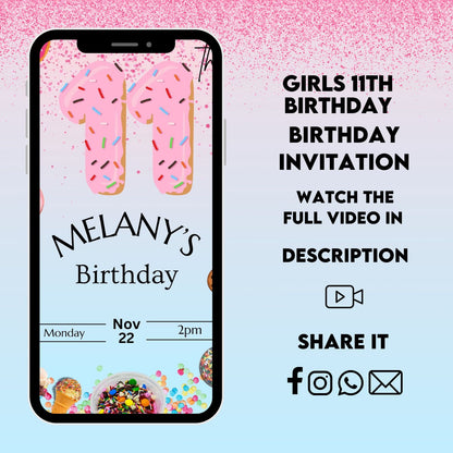 Donut Number Pink 13th Birthday Video Invitation | Animated Kids Boys and Girls Evite