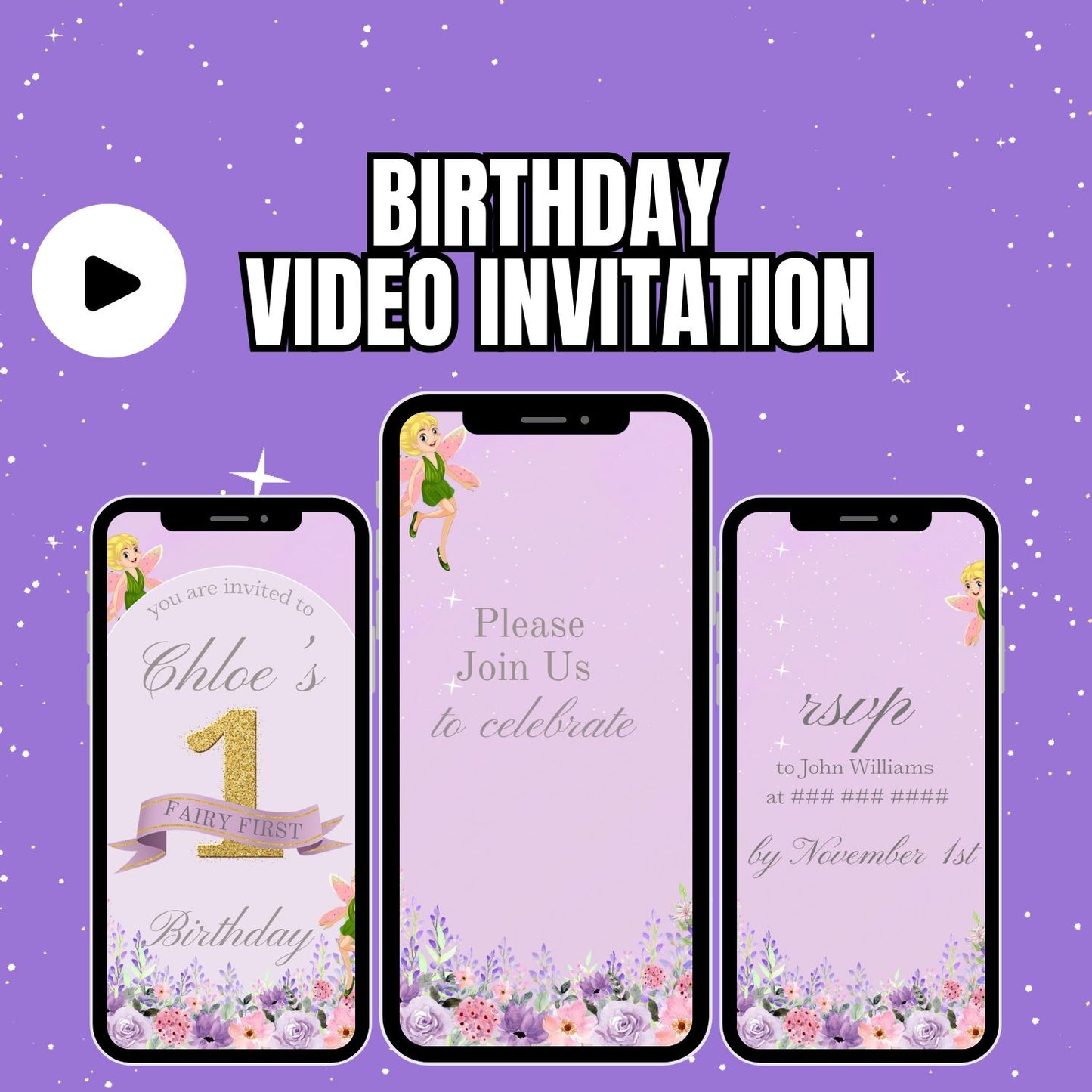 Fairy 1st Birthday video Invitation | Boho Arch 1st Birthday Party Invite