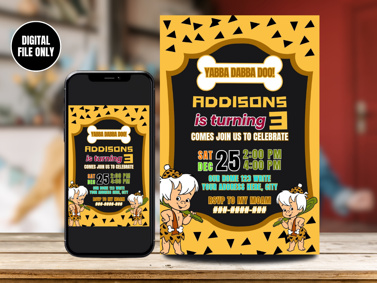 Flintstone Bam Bam Birthday Digital Card Invitation | Personalized Flintstone Bam Bam Invitation