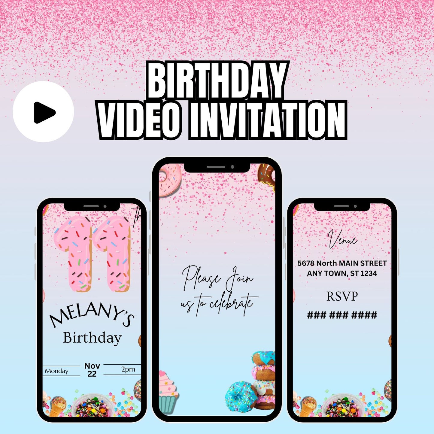 Donut Number Pink 11th Birthday Video Invitation | Animated Kids Boys and Girls Evite