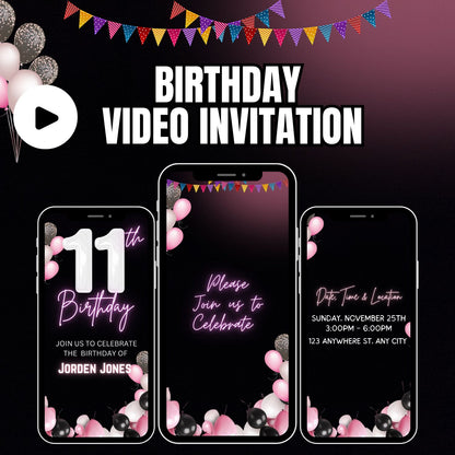 Girls 12th Birthday Video invitation | 12 year old Birthday Pink party invite