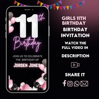 Girls 12th Birthday Video invitation | 12 year old Birthday Pink party invite