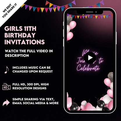 Girls 12th Birthday Video invitation | 12 year old Birthday Pink party invite