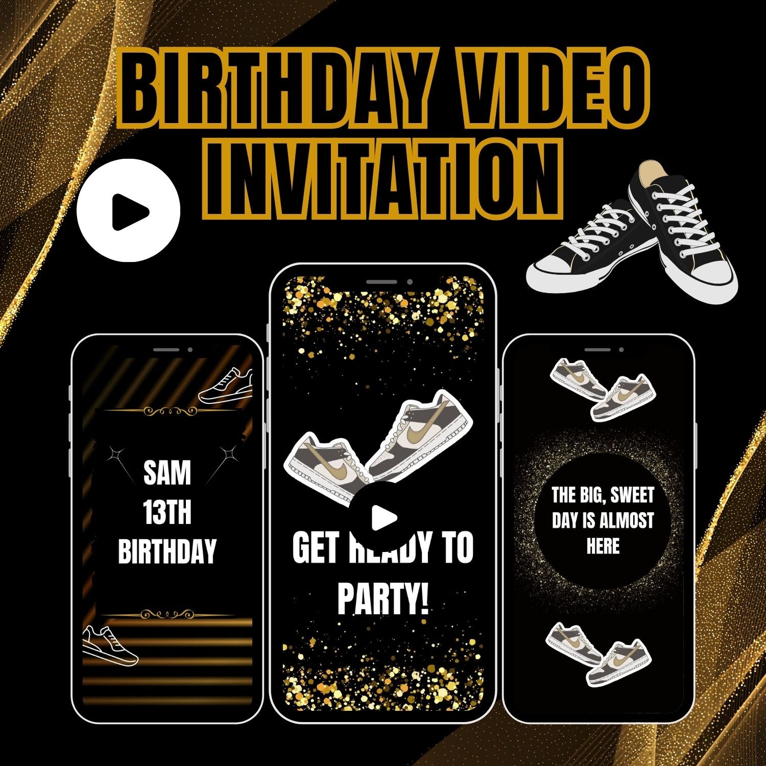 Glamorous Gold Sneaker Ball Birthday Video Invitation | Trendy & Unique