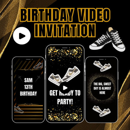 Glamorous Gold Sneaker Ball Birthday Video Invitation | Trendy & Unique