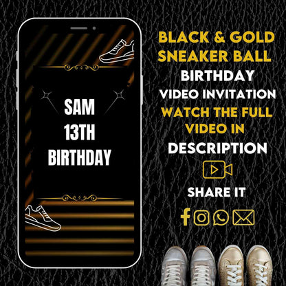Glamorous Gold Sneaker Ball Birthday Video Invitation | Trendy & Unique