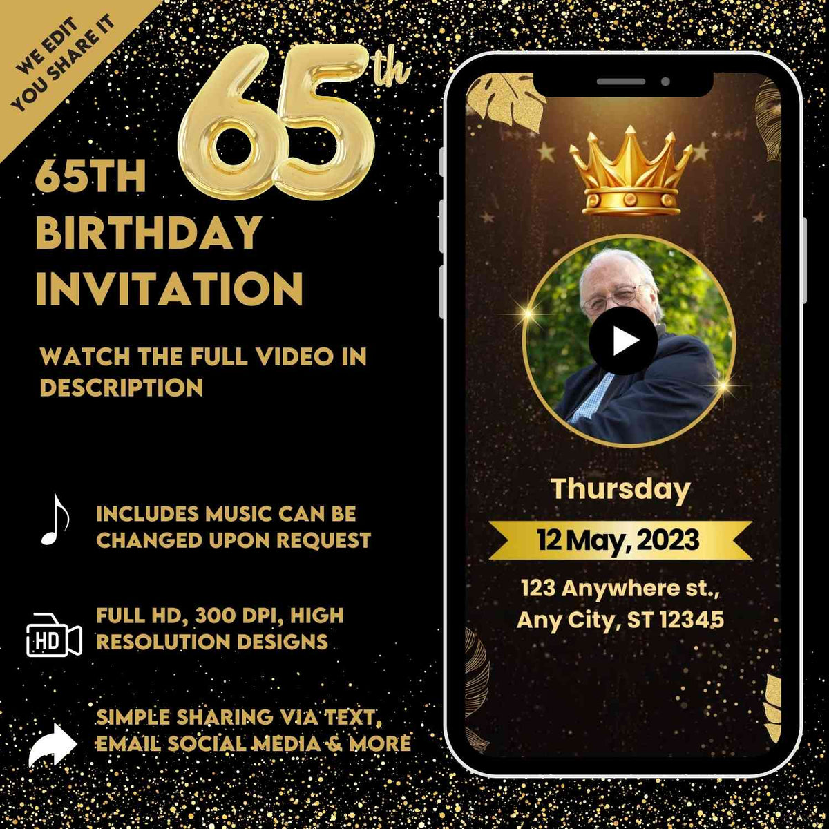 Animated 65th Birthday Video Invitation | 65th Birthday Party Invite ...